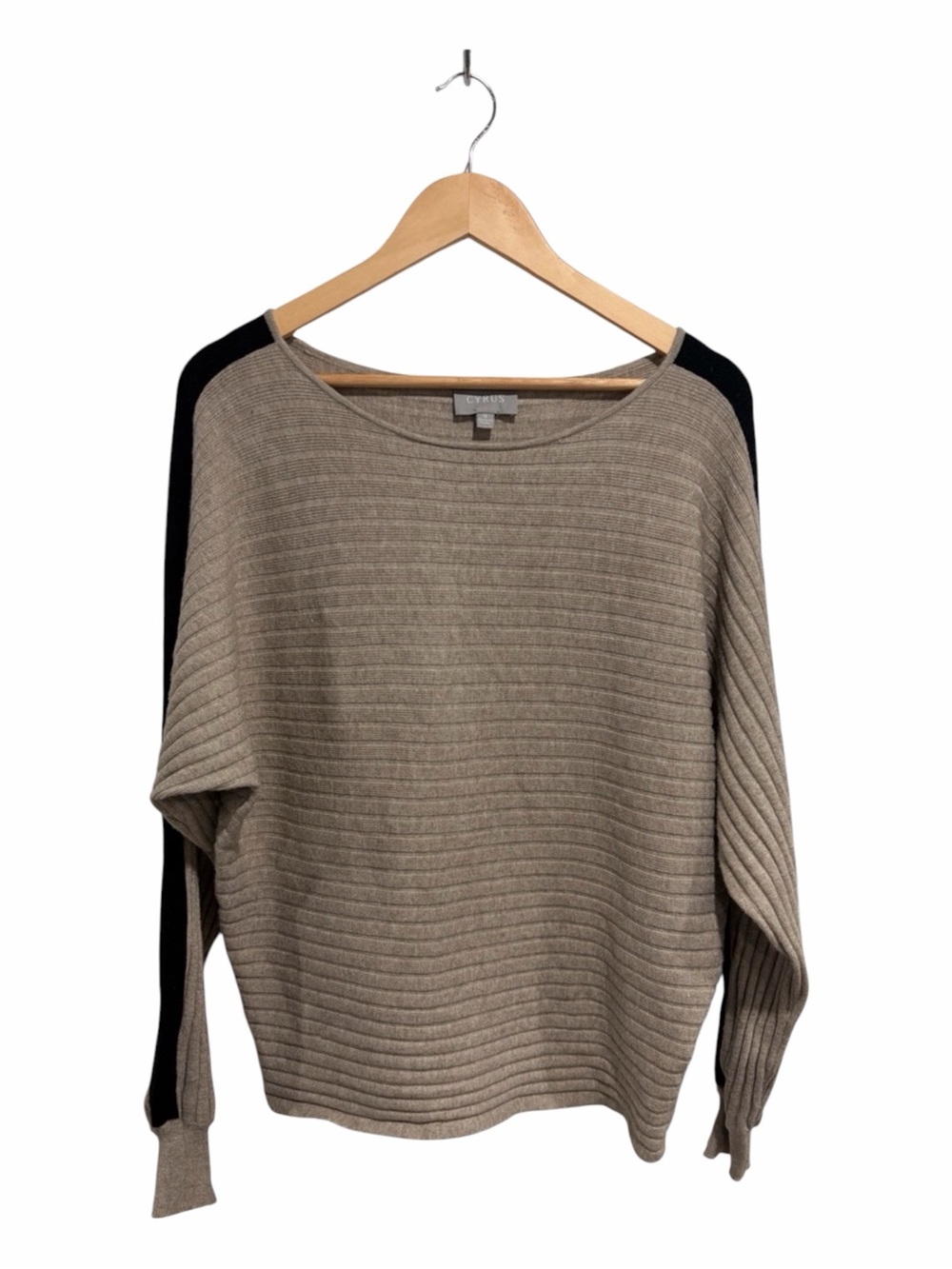 Cyrus Women's Ribbed Boatneck Batwing Sweater Taupe with Black Accents